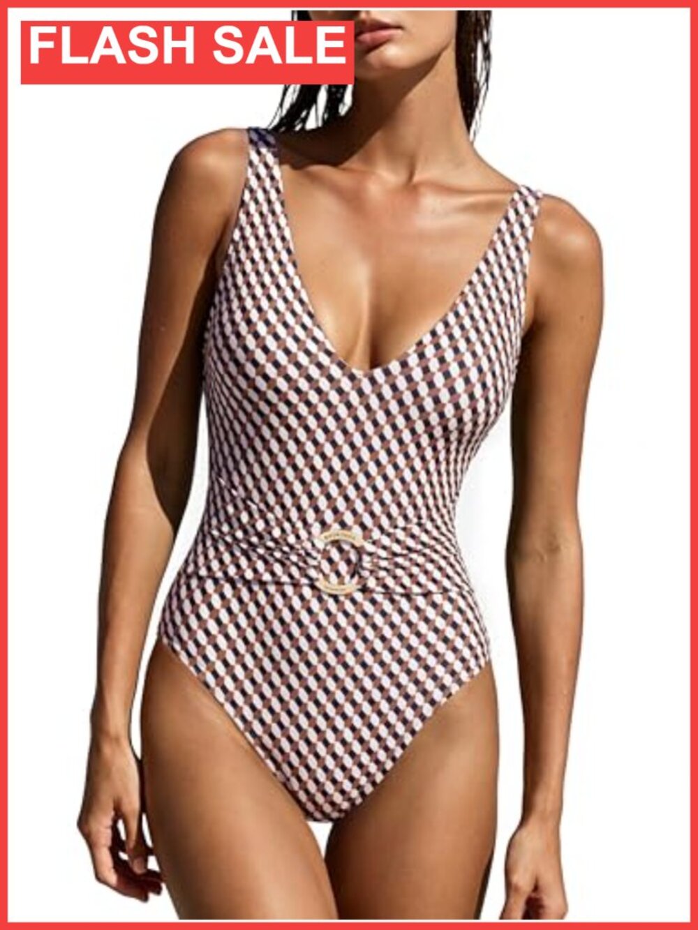 Retro One Piece Swimsuit Metal Ring Tummy Control V Neck